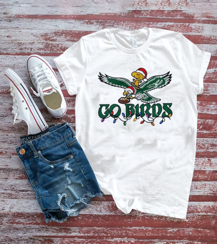 Snoopy And Woodstock Riding Philadelphia Eagles Christmas Go Birds T-Shirt