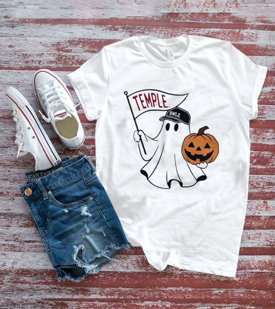 Temple Owls Halloween Ghost With Pumpkin And Flag T-Shirt