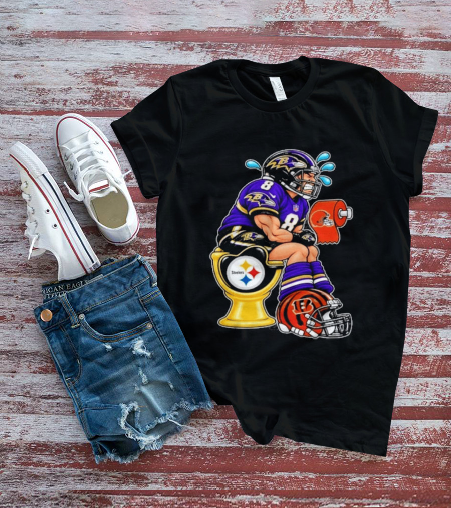 Baltimore Ravens Lamar Jackson On Steelers Toilet With Browns Toilet Paper And Bengals Helmet T-Shirt