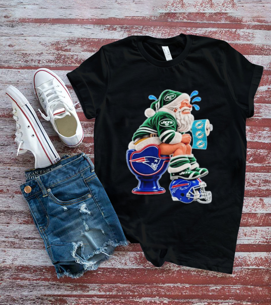 New England Patriots Miami Dolphins Buffalo Bills New York Jets Santa Football Christmas T-Shirt
