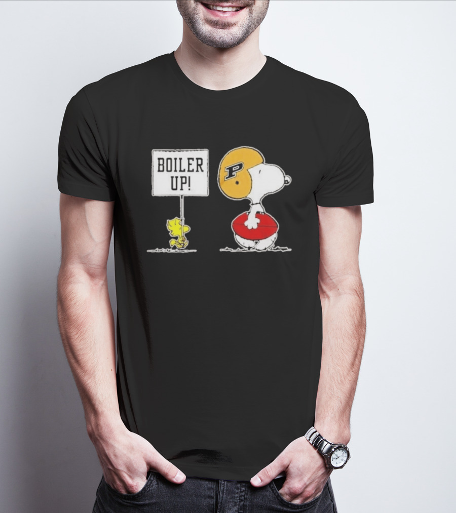Snoopy And Woodstock Boiler Up Purdue Boilermakers Football P Helmet Peanuts Characters Holding Football T-Shirt