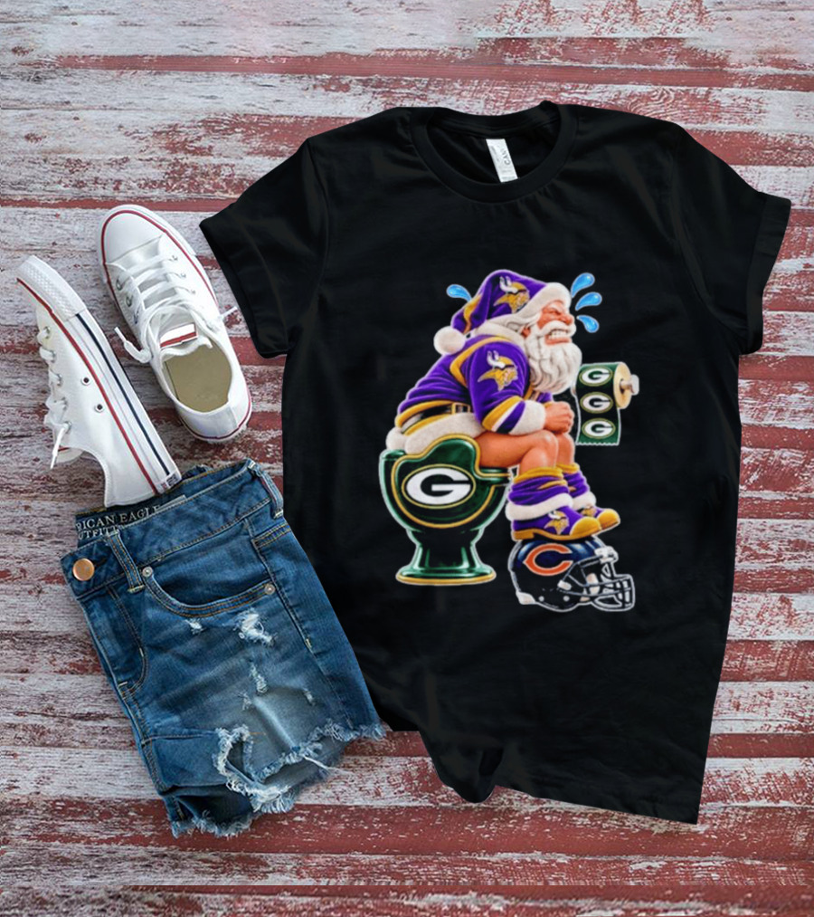 Minnesota Vikings Santa With Green Bay Packers Toilet And Chicago Bears Helmet Christmas Football T-Shirt