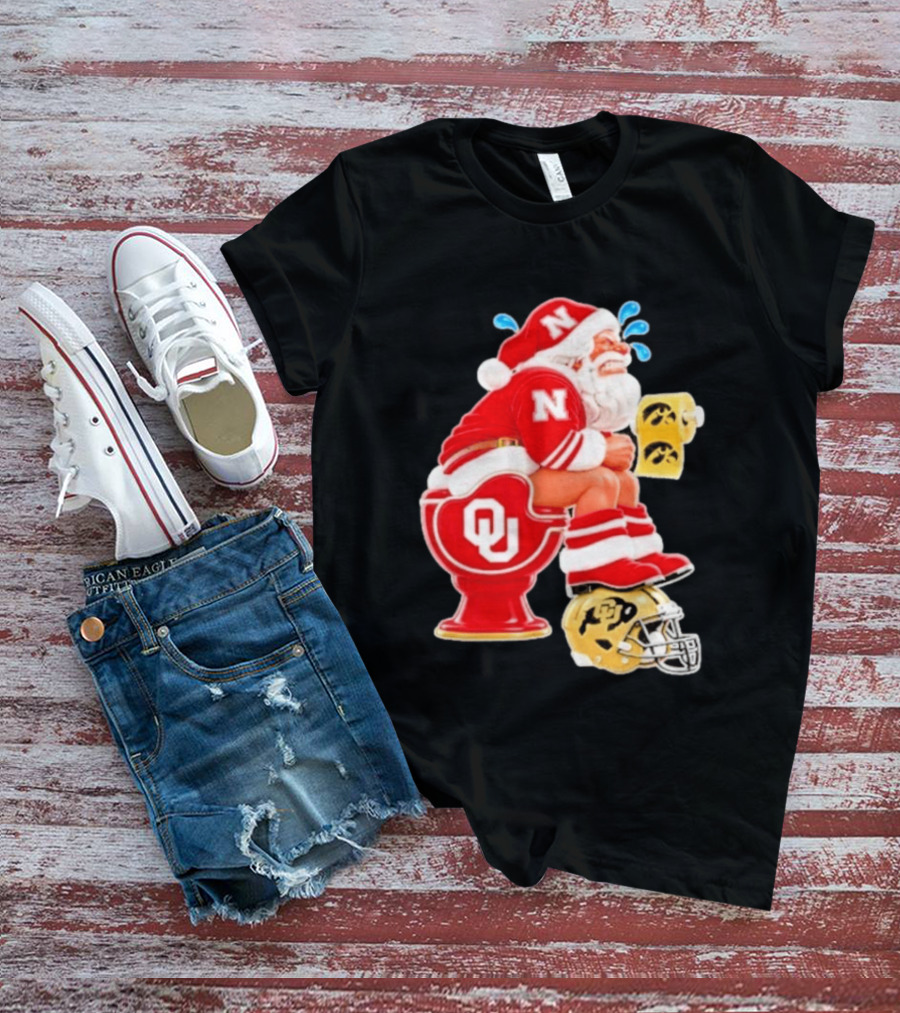 Nebraska Santa On Oklahoma Toilet With Iowa Toilet Paper And Colorado Helmet Football Rivalry Humor T-Shirt