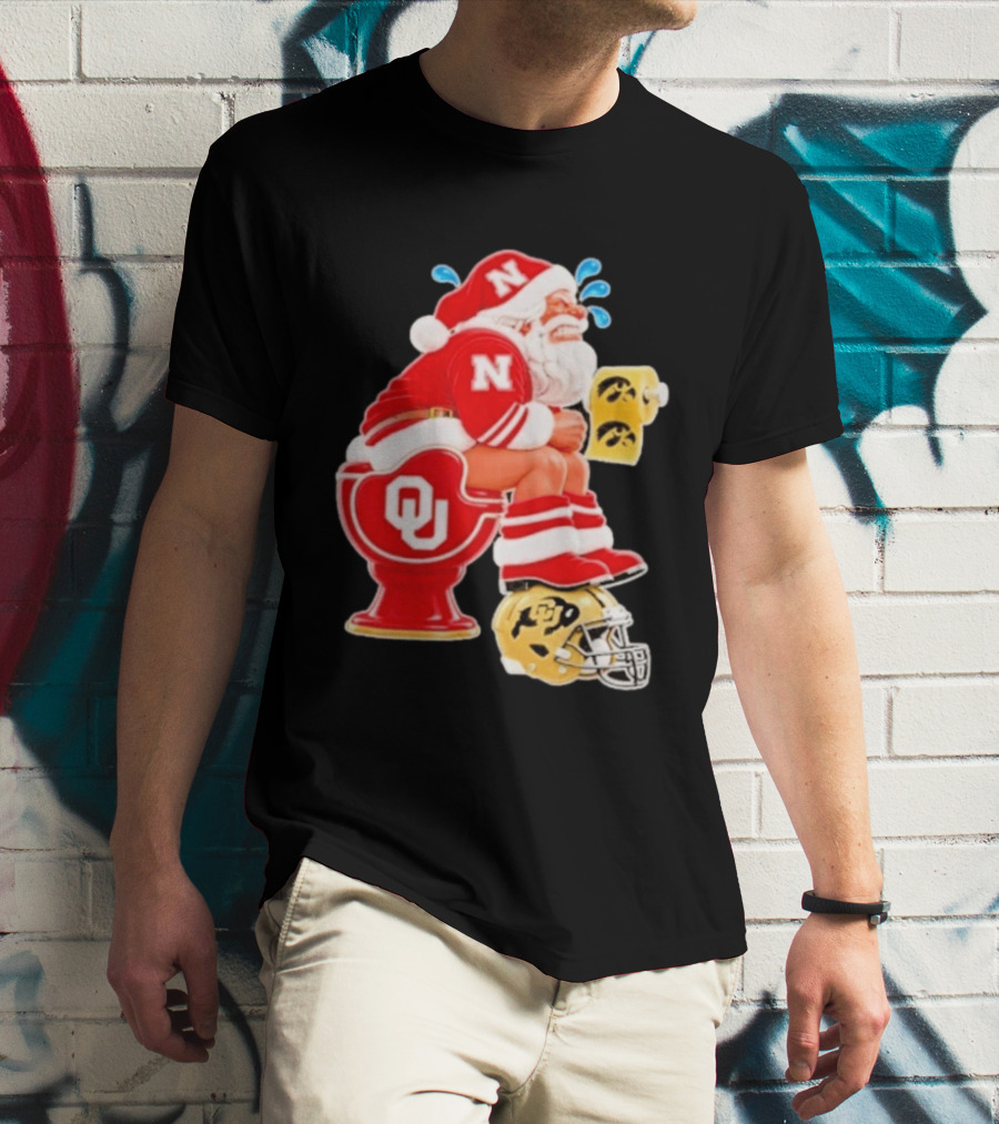 Nebraska Santa On Oklahoma Toilet With Iowa Toilet Paper And Colorado Helmet Football Rivalry Humor T-Shirt