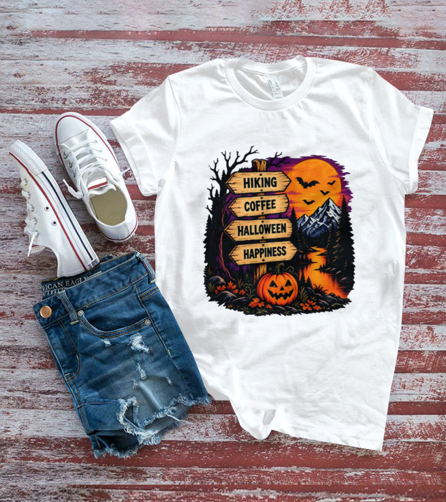 Hiking Coffee Halloween Happiness Fall Season Signpost Scenic Sunset Pumpkin Bats T-Shirt