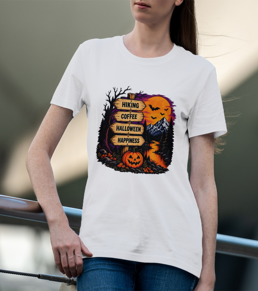 Hiking Coffee Halloween Happiness Fall Season Signpost Scenic Sunset Pumpkin Bats T-Shirt