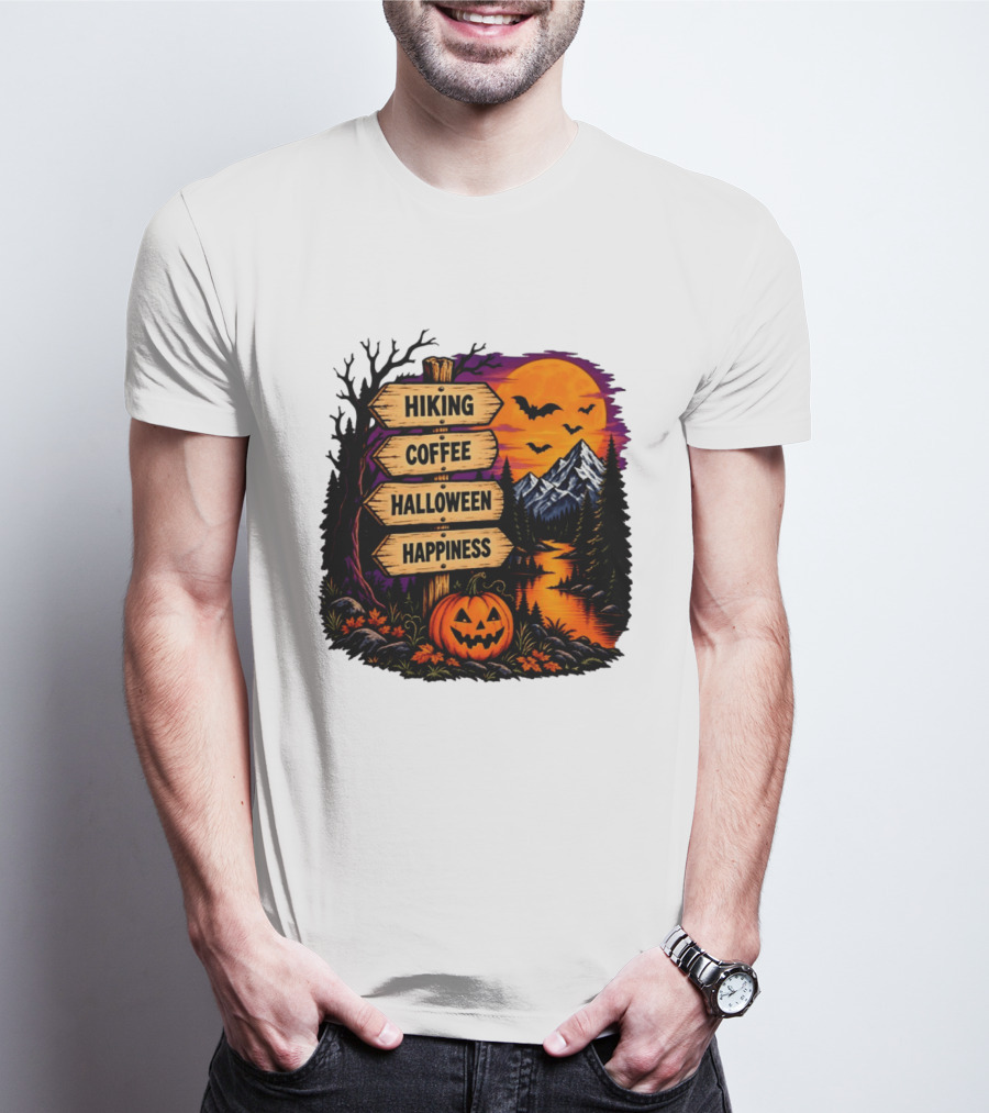 Hiking Coffee Halloween Happiness Fall Season Signpost Scenic Sunset Pumpkin Bats T-Shirt