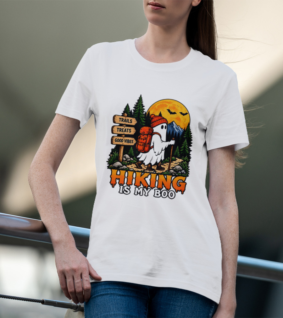 Hiking Is My Boo Ghost Trails Treats Good Vibes Halloween T-Shirt