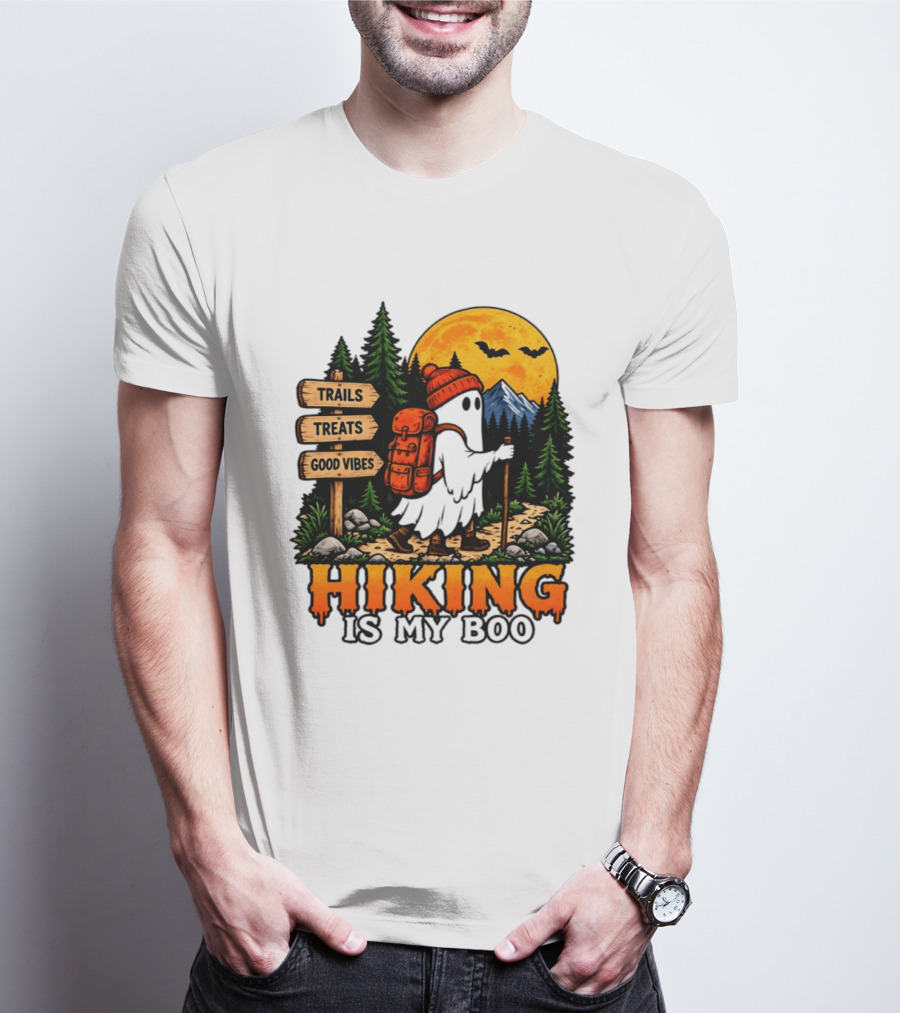 Hiking Is My Boo Ghost Trails Treats Good Vibes Halloween T-Shirt