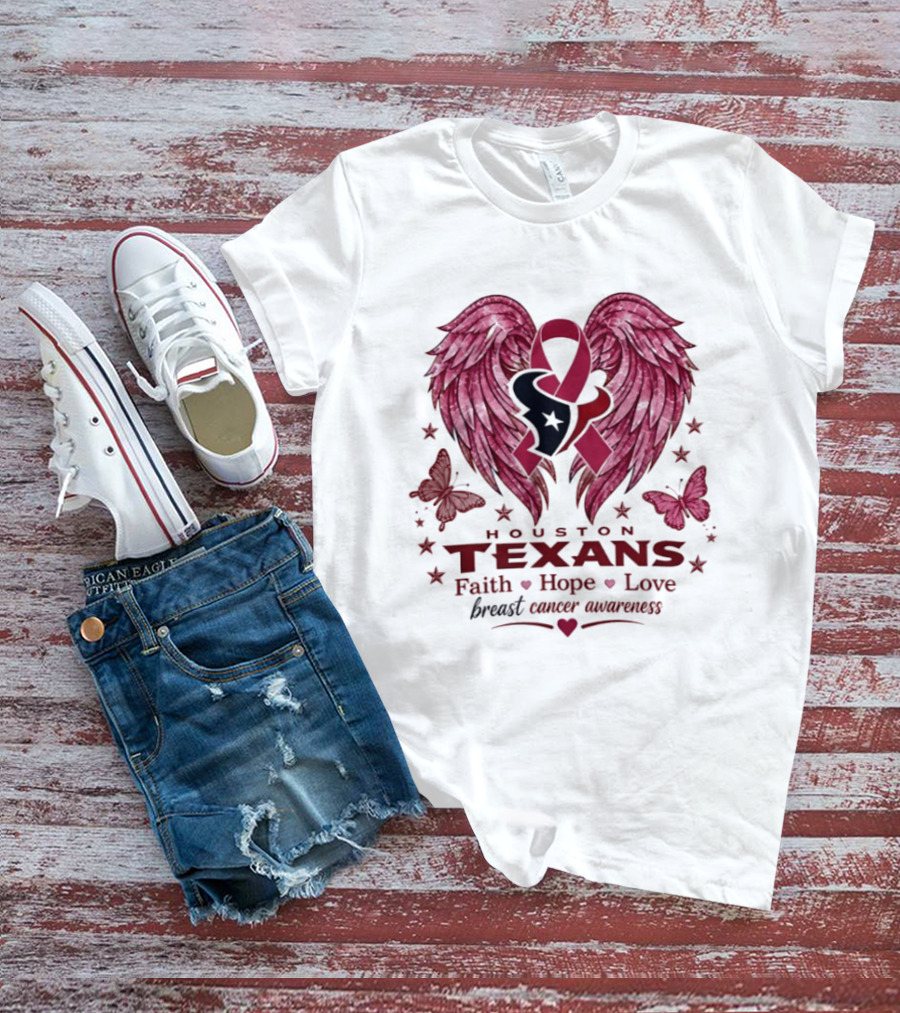 Houston Texans Breast Cancer Awareness Faith Hope Love Wings T-Shirt
