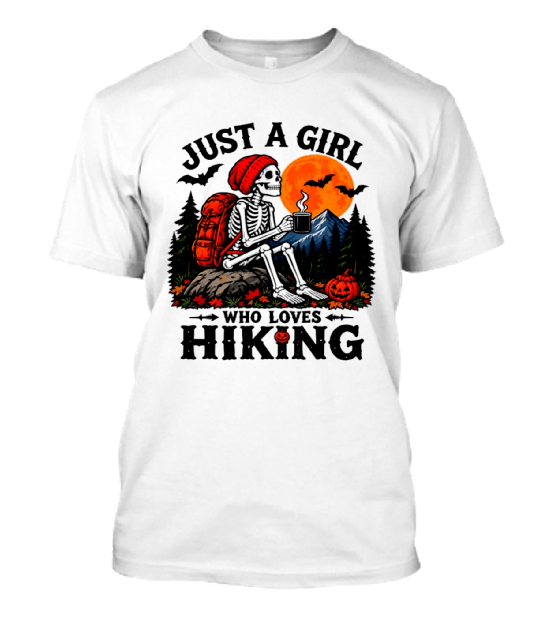 Just A Girl Who Loves Hiking Skeleton Autumn Halloween Pumpkin Bats And Coffee T-Shirt