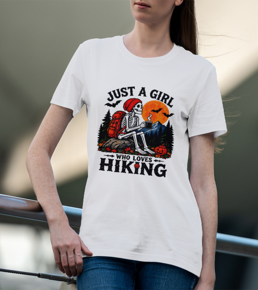 Just A Girl Who Loves Hiking Skeleton Autumn Halloween Pumpkin Bats And Coffee T-Shirt