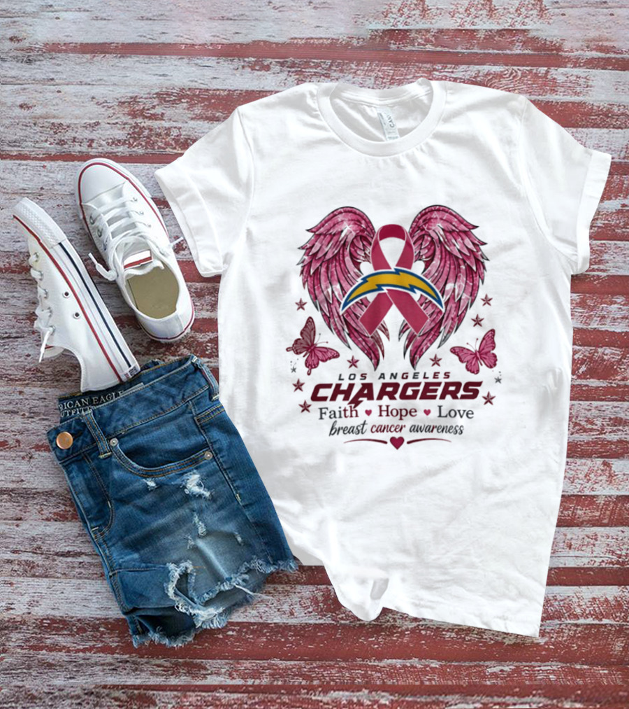 Los Angeles Chargers Breast Cancer Awareness Faith Hope Love Wings Ribbon Butterflies T-Shirt