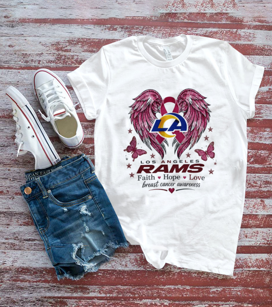 Los Angeles Rams Breast Cancer Awareness Faith Hope Love Wings And Butterflies T-Shirt