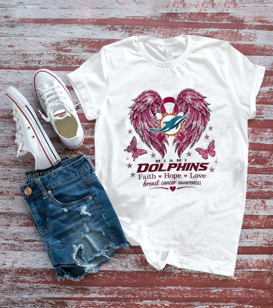 Miami Dolphins Breast Cancer Awareness Faith Hope Love Pink Ribbon Wings T-Shirt