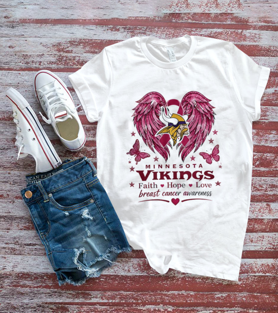 Minnesota Vikings Breast Cancer Awareness Faith Hope Love Wings T-Shirt