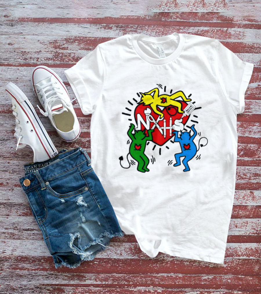NAHS Blue Devils Keith Haring Heart Colorful Dancing Figures T-Shirt