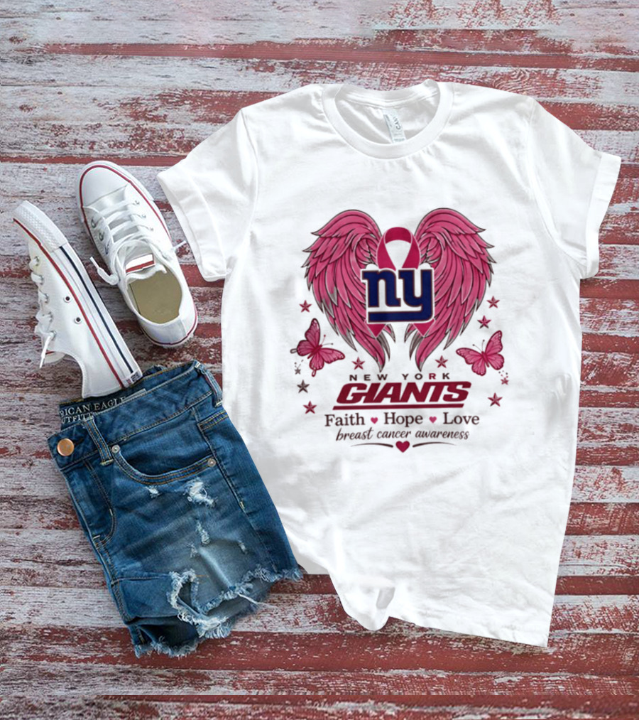 New York Giants Breast Cancer Awareness Faith Hope Love Pink Wings Ribbon T-Shirt