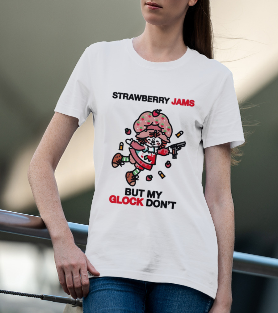 Strawberry Jams But My Glock Don't Cartoon Character With Pink Frosted Hat And Pistol T-Shirt