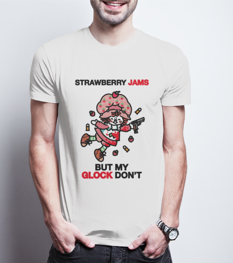 Strawberry Jams But My Glock Don't Cartoon Character With Pink Frosted Hat And Pistol T-Shirt