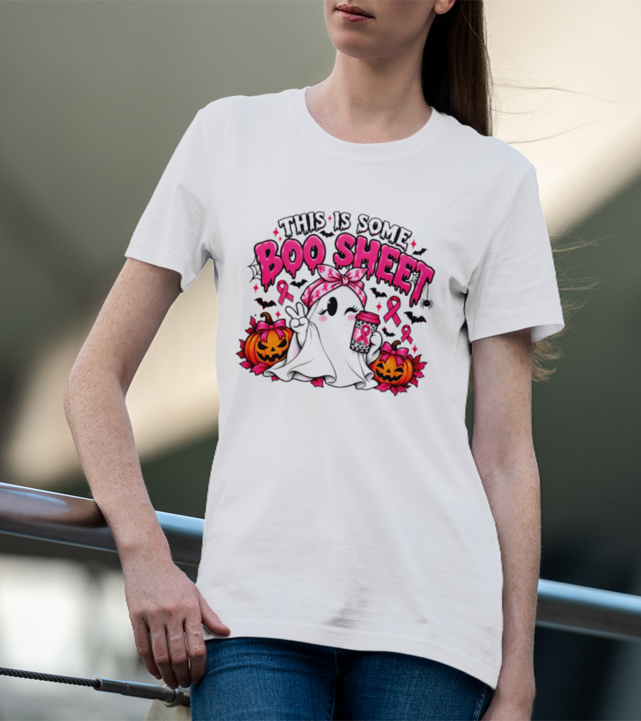 This Is Some Boo Sheet Breast Cancer Awareness Ghost Halloween Pink Ribbons Pumpkin T-Shirt