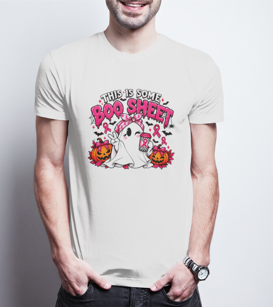 This Is Some Boo Sheet Breast Cancer Awareness Ghost Halloween Pink Ribbons Pumpkin T-Shirt