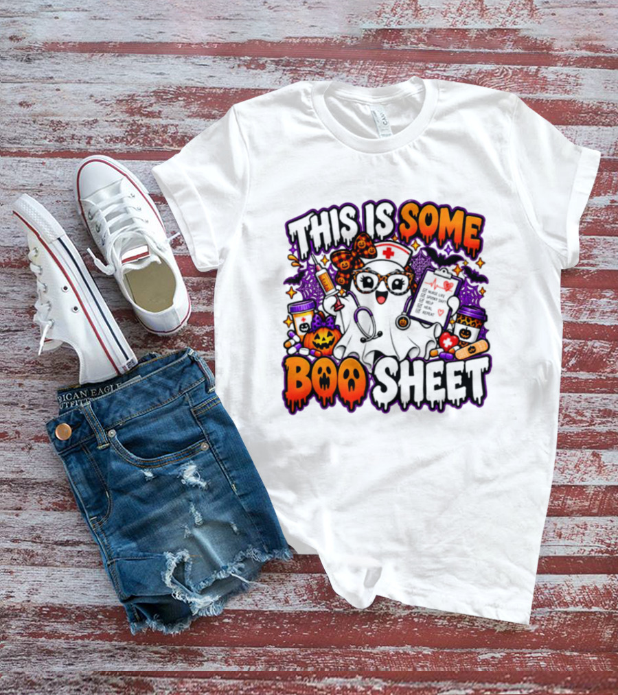 This Is Some Boo Sheet Nurse Life Spooky Shift Halloween 2026 Pumpkin Ghost Nurse Hat Glasses Bats T-Shirt