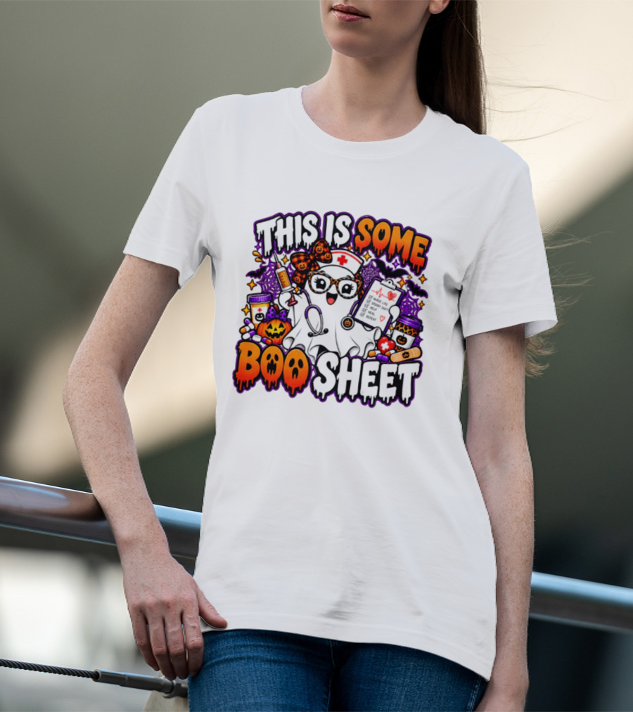 This Is Some Boo Sheet Nurse Life Spooky Shift Halloween 2026 Pumpkin Ghost Nurse Hat Glasses Bats T-Shirt