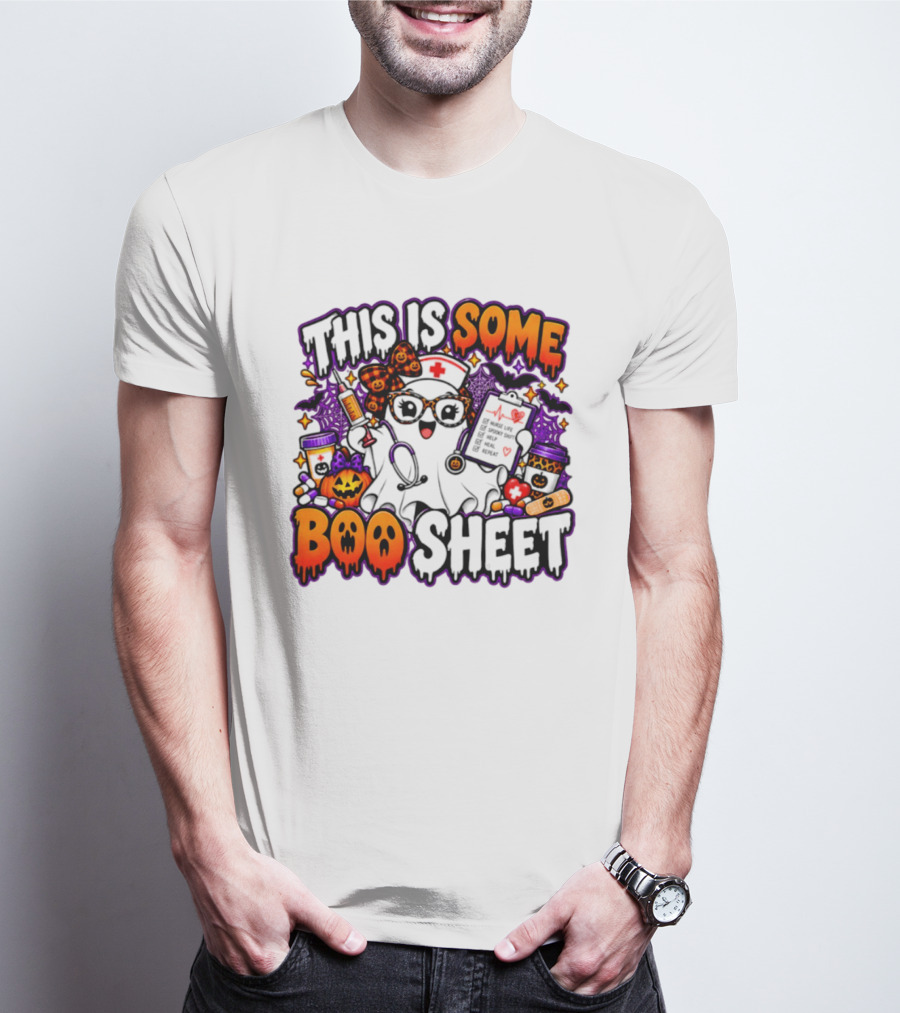 This Is Some Boo Sheet Nurse Life Spooky Shift Halloween 2026 Pumpkin Ghost Nurse Hat Glasses Bats T-Shirt