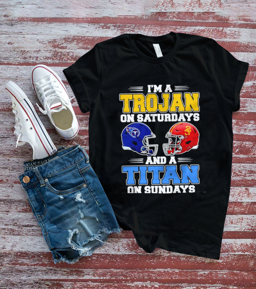 USC Trojans On Saturdays Titans On Sundays Football Helmets T-Shirt