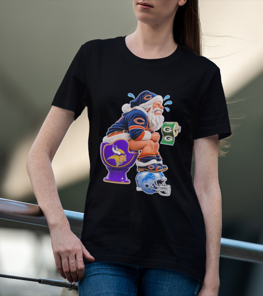Santa Claus On Toilet Minnesota Vikings Detroit Lions Green Bay Packers Chicago Bears Funny Christmas 2026 Football T-Shirt