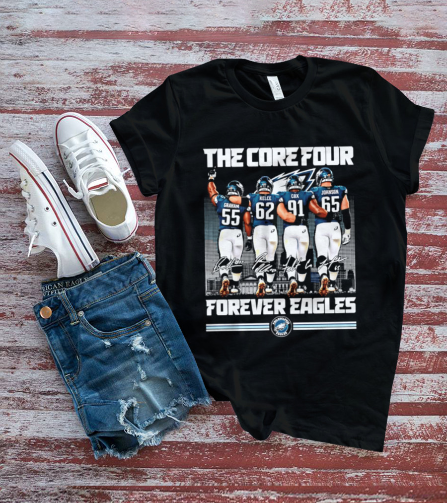 Philadelphia Eagles The Core Four Jenkins Kelce Cox Johnson Forever Legends Skyline Signatures T-Shirt