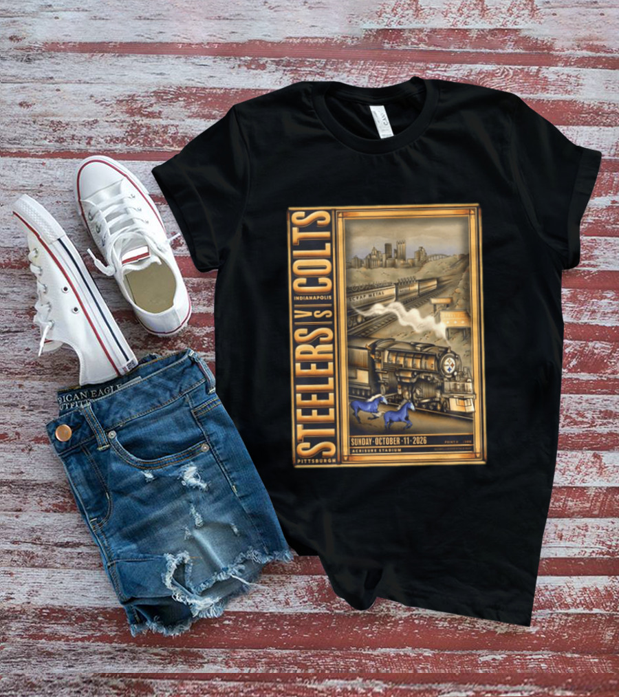 Pittsburgh Steelers Vs Indianapolis Colts Sunday October 11 2026 Acrisure Stadium Cityscape With Train And Blue Horses T-Shirt