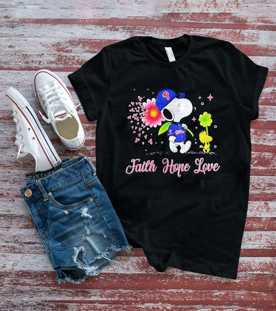 Philadelphia Phillies Snoopy Faith Hope Love Breast Cancer Awareness T-Shirt