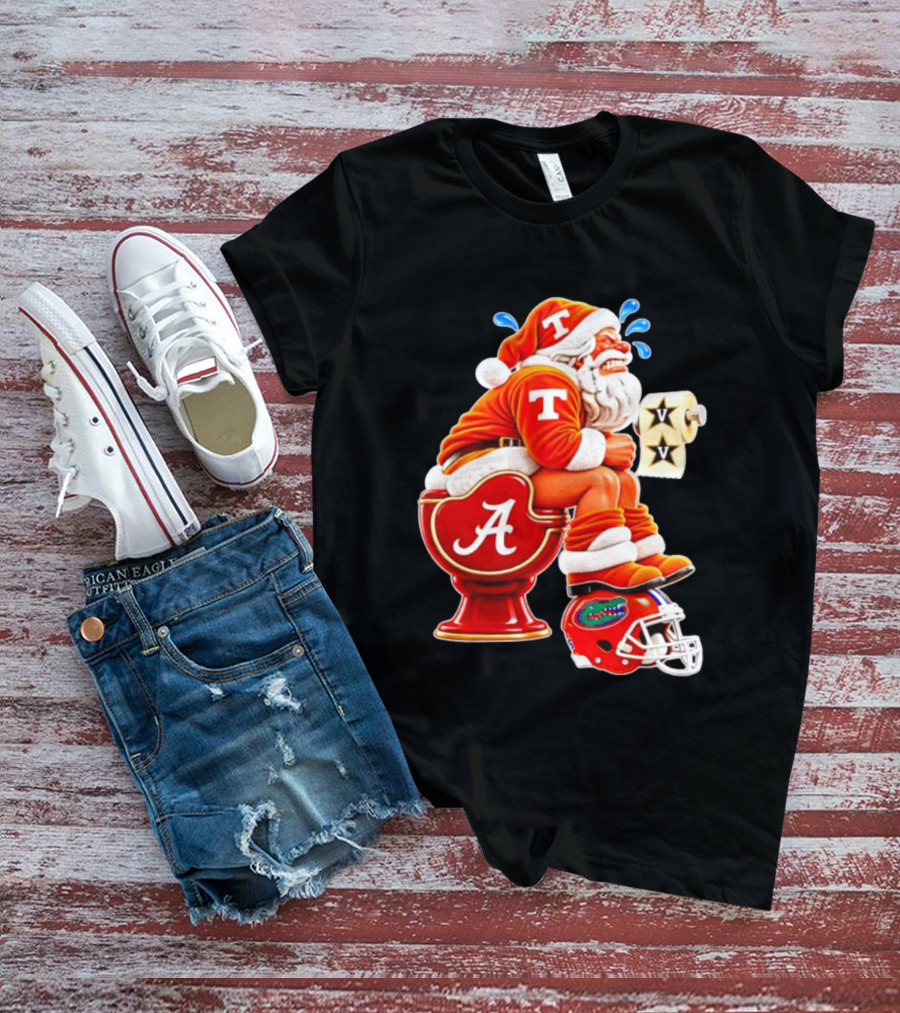 Tennessee Volunteers Santa Claus With Alabama Crimson Tide Toilet Vanderbilt Commodores Toilet Paper Florida Gators Helmet T-Shirt