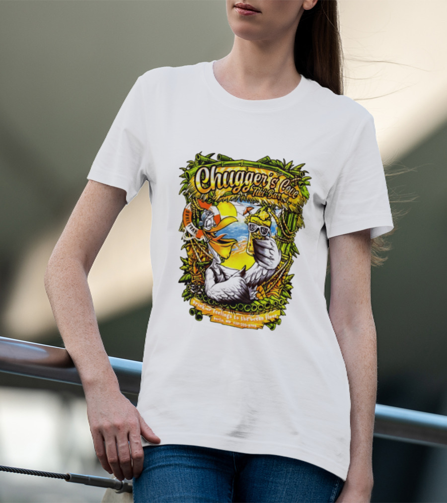 Chugger's Cove Tiki Bar Beach Pelican Drink Ur Feelings Ocean Floor Berlin MD T-Shirt