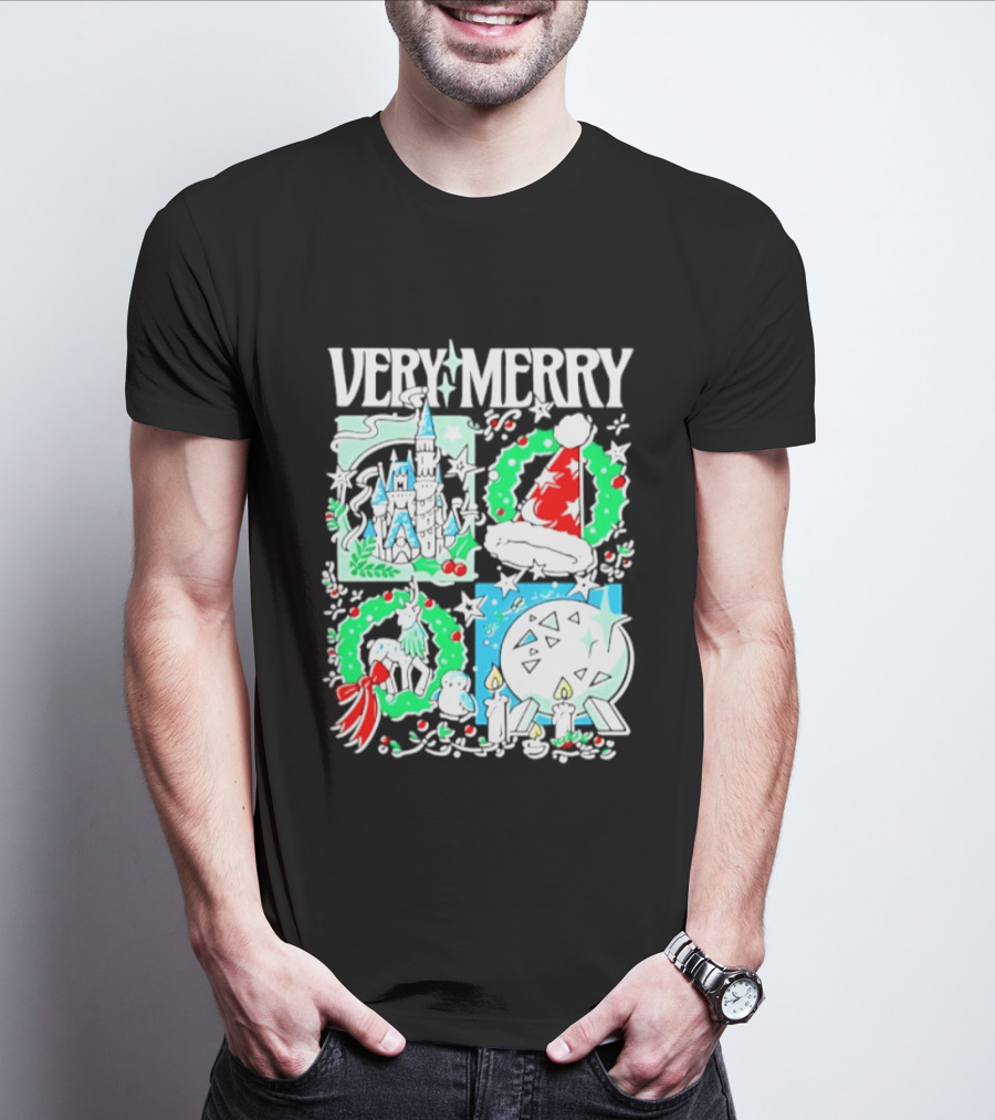 Very Merry 2026 Christmas Disney Castle Holiday Wreath And Santa Hat Candles T-Shirt