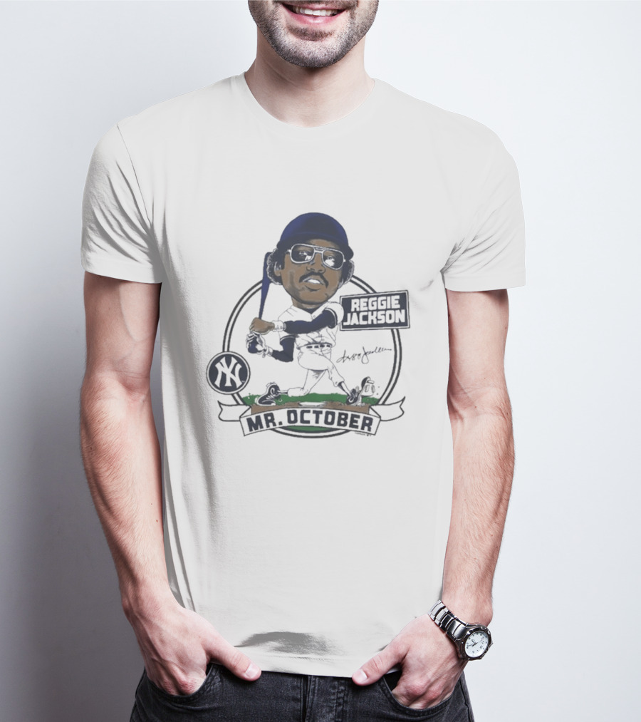 Yankees Reggie Jackson Mr. October Caricature Signature Art With NY Yankees T-Shirt