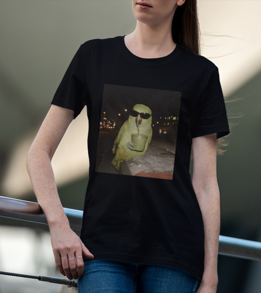 Parrot Wearing Sunglasses Enjoying Green Smoothie At Night T-Shirt