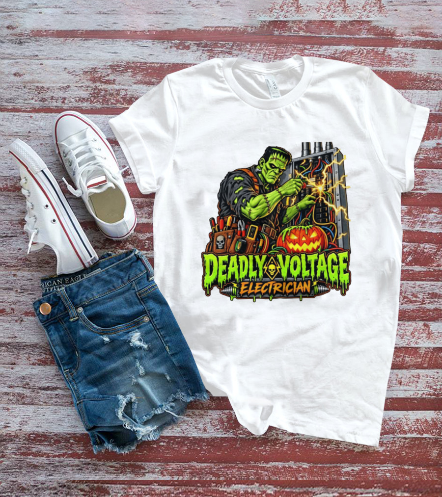 Deadly Voltage Electrician Frankenstein Halloween 2026 T-Shirt