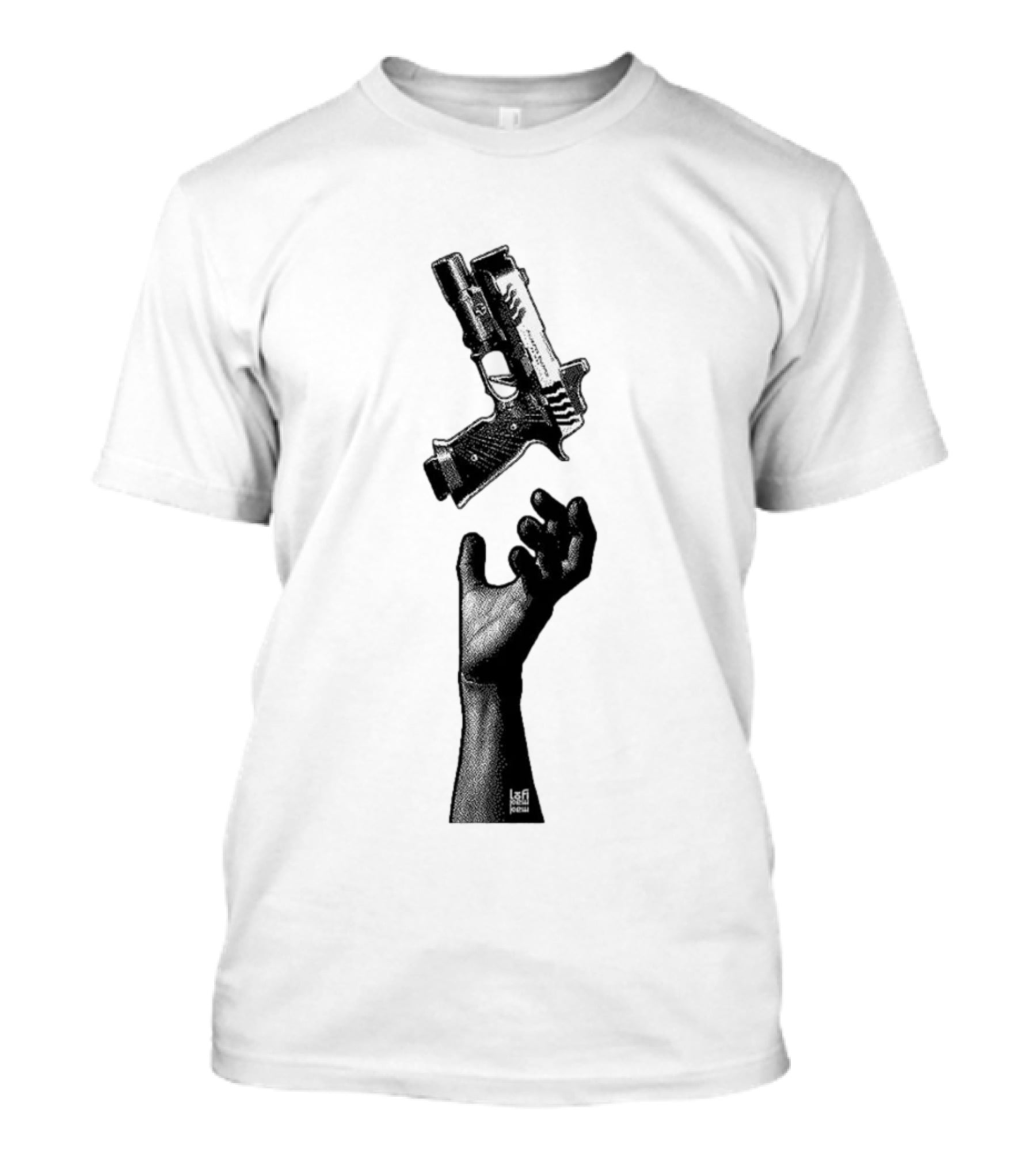 Reaching Hand Catching Handgun Pistol Stipple Gun T-Shirt