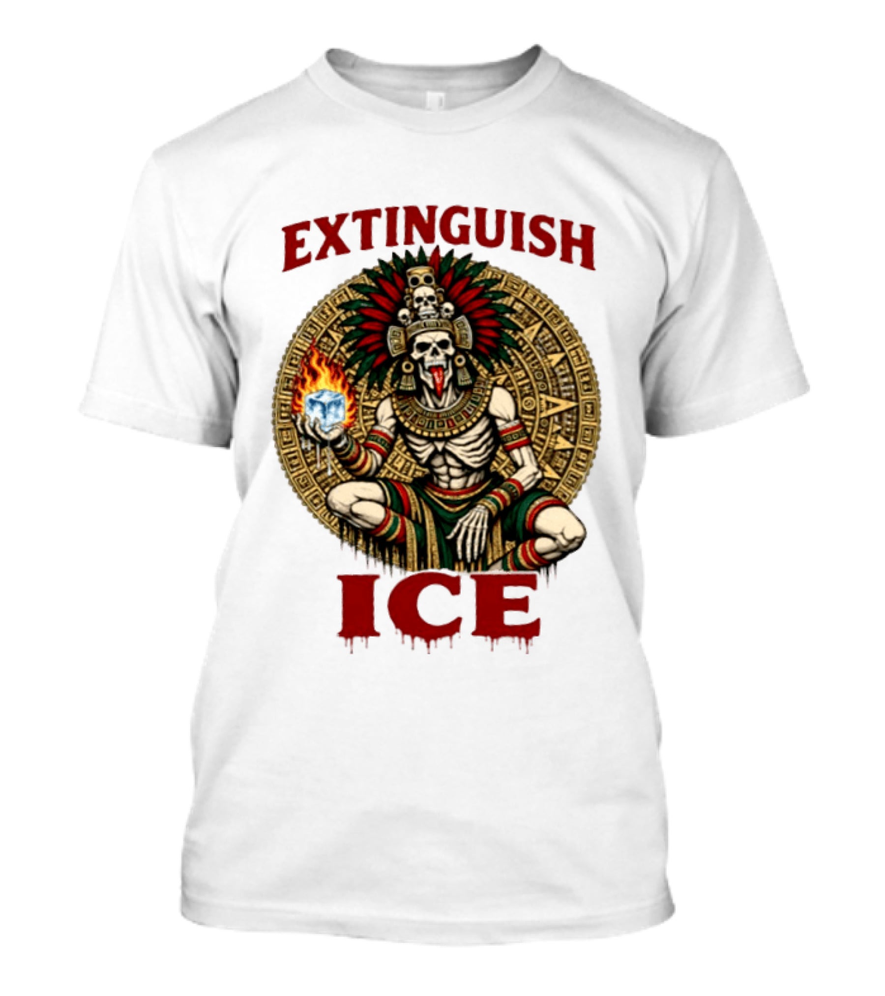 Aztec Skeleton Extinguish Ice Fire Mayan T-Shirt