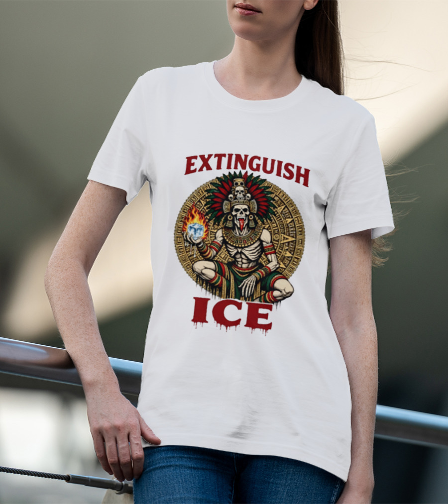 Aztec Skeleton Extinguish Ice Fire Mayan T-Shirt