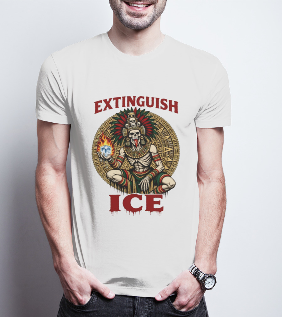 Aztec Skeleton Extinguish Ice Fire Mayan T-Shirt