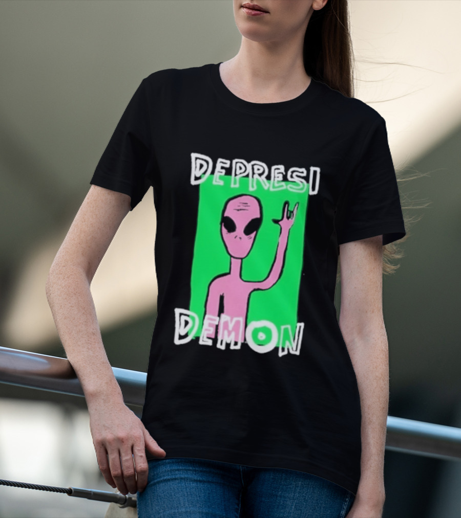 Depresi Demon Pink Alien Rock On Meme T-Shirt