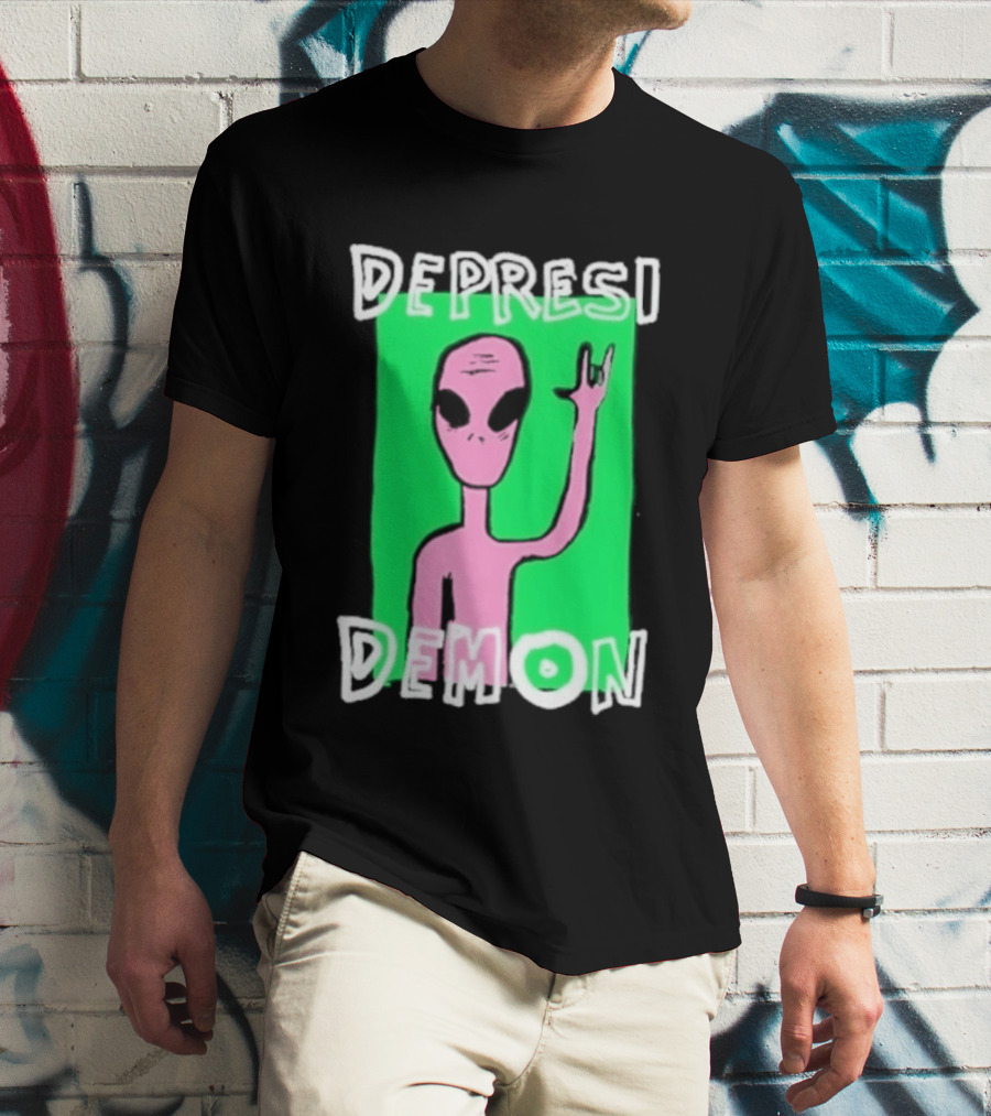Depresi Demon Pink Alien Rock On Meme T-Shirt