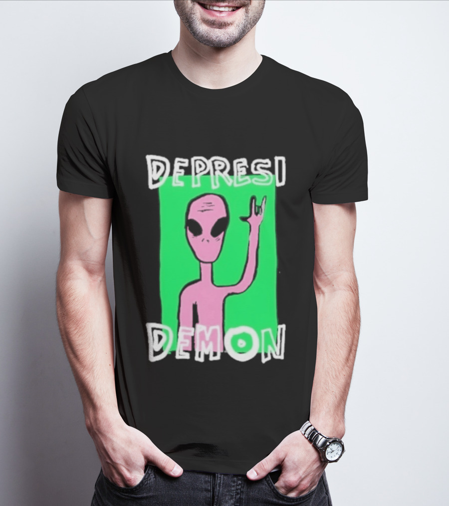 Depresi Demon Pink Alien Rock On Meme T-Shirt