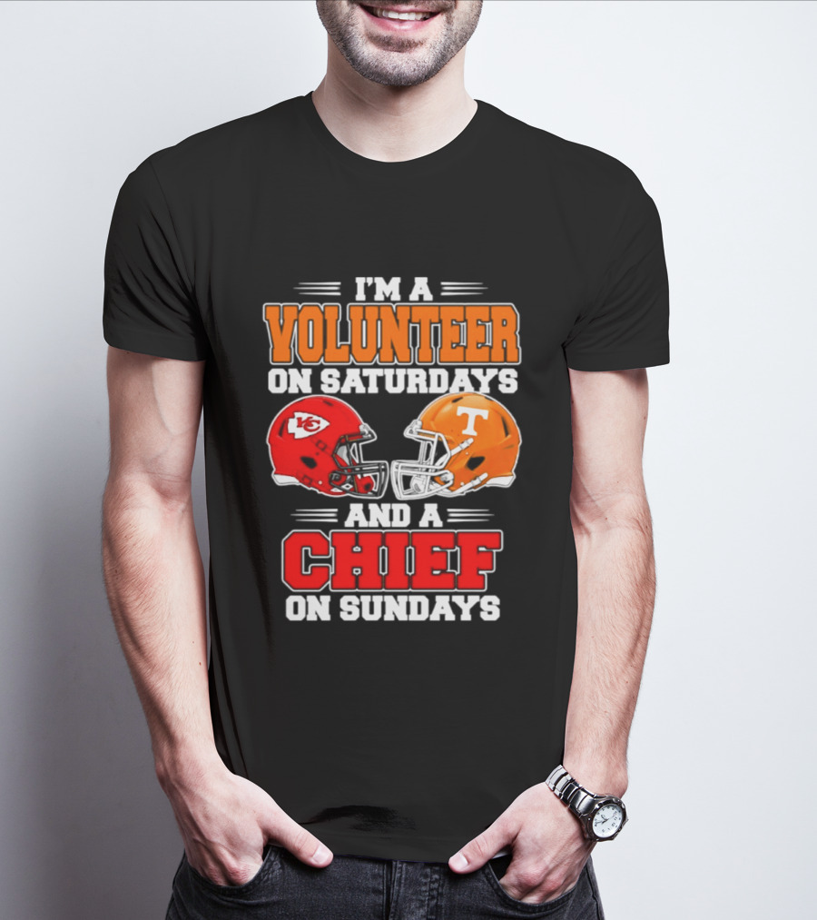 I'm A Volunteer On Saturdays And A Chief On Sundays 2026 Kansas City Chiefs Tennessee Volunteers Football Helmets T-Shirt
