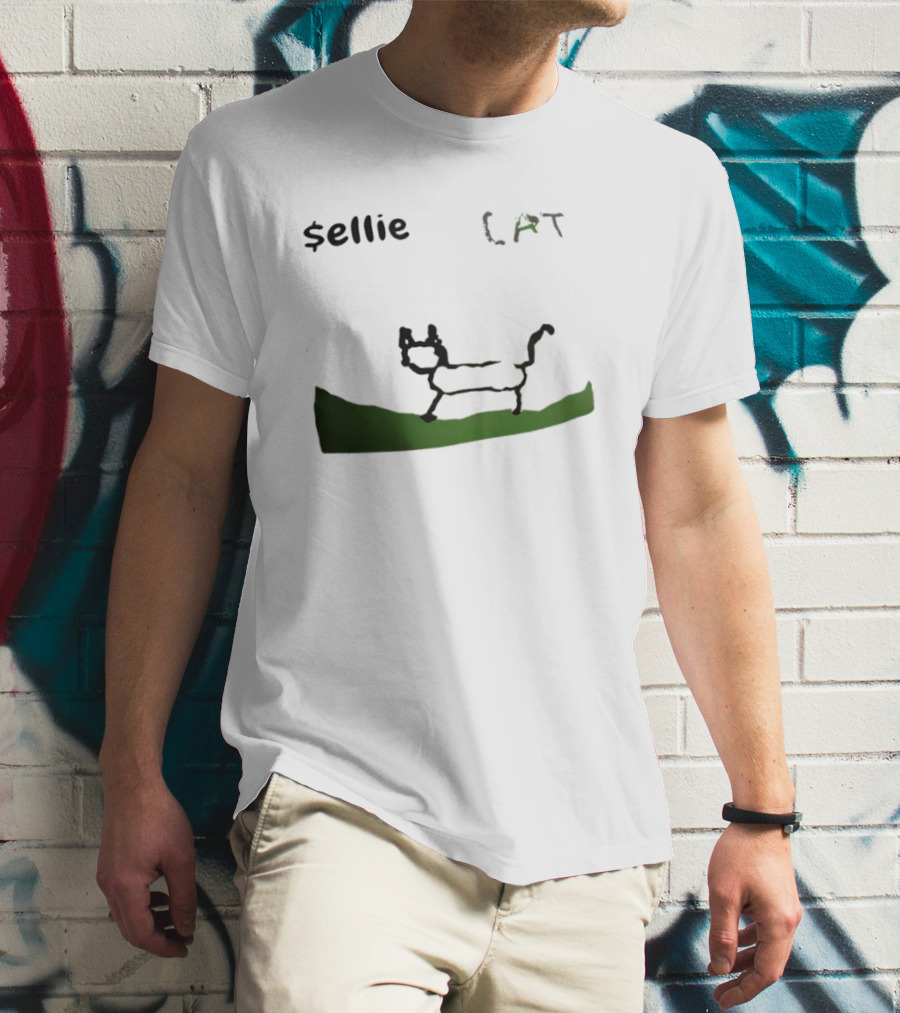 $sellie CAT Drawing Sketch With Green Ground T-Shirt