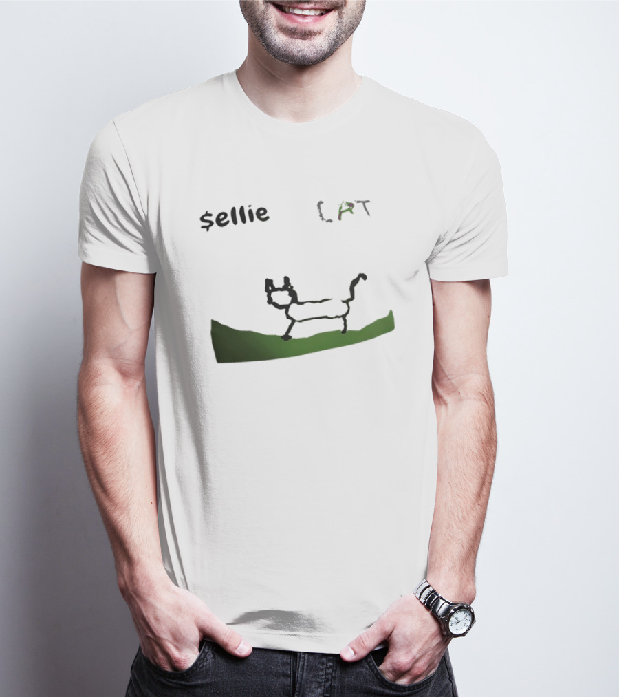 $sellie CAT Drawing Sketch With Green Ground T-Shirt
